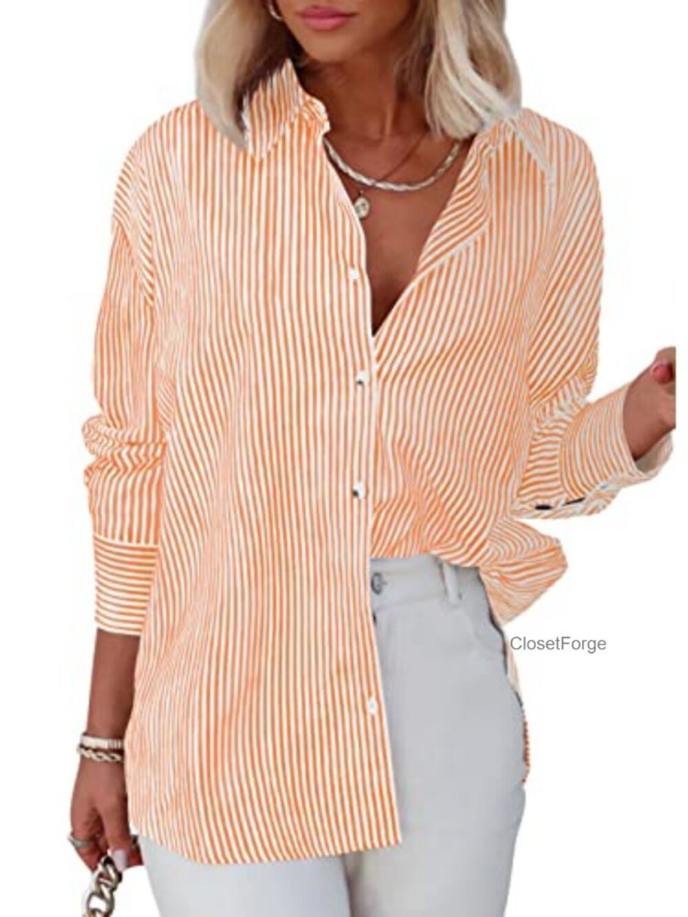 Women's Striped Button Down Shirt Long Sleeve V-Neck Office Blouse Cotton Blend